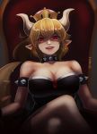  1girl absurdres bare_shoulders black_leotard blonde_hair bowsette breasts brown_gloves brown_legwear cleavage collar collarbone crown earrings elbow_gloves evil_smile eyebrows_visible_through_hair gem gloves grin hair_between_eyes highres horns jewelry large_breasts legs_crossed leotard long_hair looking_at_viewer super_mario_bros. new_super_mario_bros._u_deluxe nintendo nyang_ittwida pantyhose parted_lips pointy_ears ponytail red_eyes red_lips shaded_face sharp_teeth sitting smile solo spiked_armlet spiked_collar spiked_tail spikes strapless strapless_leotard super_crown tail teeth throne turtle_shell 