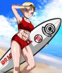  abs android_18 arm_up armpits beach bikini blue_eyes cloudy_sky dragon_ball earrings highres iserkgk muscle muscular_female red_bikini short_hair surfboard sweat swimsuit 