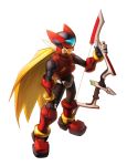  1boy android black_eyes blonde_hair bow_(weapon) full_body helmet holding holding_bow_(weapon) holding_weapon inualet33 long_hair male_focus rockman rockman_zero simple_background solo very_long_hair weapon white_background zero_(rockman) 