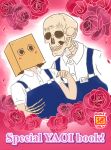  1boy 1other absurdres alice_kwaii apron bag blue_apron blush flower gaikotsu_shotenin_honda-san hand_up highres honda-san kamibukuro_(honda-san) name_tag paper_bag rose shirt skeleton uniform white_shirt 