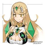  1girl armor artist_request bangs blonde_hair breasts cleavage cleavage_cutout earrings gem headpiece highres mythra_(xenoblade) jewelry large_breasts nintendo solo swept_bangs tiara xenoblade_(series) xenoblade_2 yellow_eyes 