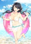  1girl ;d absurdres bare_shoulders barefoot beach black_hair blue_bikini_bottom breasts cowboy_shot hair_ornament hair_ribbon hairclip highres large_breasts leg_up long_hair looking_at_viewer low_twintails midriff navel one_eye_closed open_mouth original ribbon signature smile solo soramichi_megumu swimsuit twintails white_bikini_top 