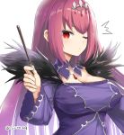 /\/\/\ 1girl breasts cleavage closed_mouth commentary_request detached_collar dress fate/grand_order fate_(series) feather_trim fingernails food headpiece holding holding_food large_breasts long_hair long_sleeves looking_at_viewer one_eye_closed pocky purple_collar purple_dress purple_hair red_eyes scathach_(fate)_(all) scathach_skadi_(fate/grand_order) simple_background solo twitter_username tyone upper_body very_long_hair white_background wide_sleeves 