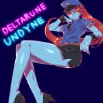  1girl belt blue_skin deltarune eyepatch female_service_cap hat head_fins highres long_hair looking_at_viewer miniskirt monster_girl necktie pencil_skirt police police_hat police_uniform policewoman ponytail pugthe2ro redhead skirt solo teeth undertale undyne uniform yellow_sclera 