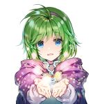  1girl blue_eyes blush cape fire_emblem fire_emblem:_rekka_no_ken fire_emblem_heroes green_hair hairband looking_at_viewer miwabe_sakura nino_(fire_emblem) nintendo open_mouth purple_hairband short_hair smile solo 