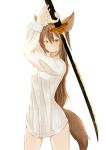  1girl absurdres animal_ears breasts brown_hair dress_shirt grin highres holding holding_sword holding_weapon katana long_hair long_sleeves medium_breasts naked_shirt nekonohayashiro original shirt simple_background smile sword weapon white_background white_shirt yellow_eyes 