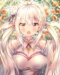  1girl arms_up bare_shoulders blush braid breasts cleavage cleavage_cutout commentary_request crown_braid dress emilia_(re:zero) fingernails flower hair_flower hair_ornament hair_ribbon large_breasts light_rays long_hair looking_at_viewer melings_(aot2846) open_mouth purple_ribbon re:zero_kara_hajimeru_isekai_seikatsu red_flower ribbon rose sidelocks silver_hair solo sunbeam sunlight twintails upper_body upper_teeth very_long_hair violet_eyes white_dress white_flower white_rose 