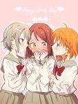  10s 3girls artist_request blue_eyes blush embarrassed english full-face_blush girl_sandwich grey_hair happy_birthday love_live! love_live!_sunshine!! multiple_girls orange_hair red_eyes redhead sakurauchi_riko sandwiched school_uniform skirt smile standing takami_chika uranohoshi_school_uniform watanabe_you yellow_eyes yuri 