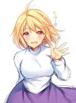  1girl :d agekichi_(heart_shape) ahoge arcueid_brunestud arm_behind_back blonde_hair breasts eyebrows_visible_through_hair floating_hair hair_between_eyes large_breasts leaning_forward long_skirt looking_at_viewer open_mouth purple_skirt red_eyes shirt short_hair simple_background sketch skirt smile solo standing tsukihime waving white_background white_shirt 