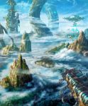  above_clouds aircraft airship artist_name blue_sky building clouds cloudy_sky commentary_request day fantasy forest giant_tree hasumi_yuuki highres mountain nature no_humans original outdoors river roots scenery science_fiction signature sky 