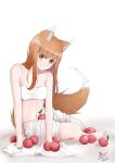  1girl absurdres animal_ears apple arm_support bare_legs bare_shoulders brown_hair collarbone eyebrows_visible_through_hair food fruit hair_between_eyes highres holo long_hair looking_at_viewer navel red_eyes signature sitting smile solo spice_and_wolf tail viktorf wolf_ears wolf_girl wolf_tail 