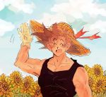  1boy :d ^_^ arm_at_side arm_up bare_arms bare_shoulders black_hair black_shirt blue_sky closed_eyes closed_eyes clouds cloudy_sky day dqn_(rattamgmg) dragon_ball dragonball_z eyebrows_visible_through_hair flower gloves hand_up happy hat male_focus open_mouth outdoors red_ribbon ribbon shirt short_hair single_glove sky sleeveless sleeveless_shirt smile son_gokuu spiky_hair standing straw_hat sunflower upper_body waving white_gloves yellow_flower 
