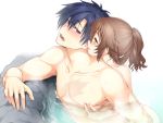  1boy 1girl black_hair blush brown_hair eiyuu_densetsu eyebrows_visible_through_hair green_eyes hair_between_eyes hakuleg hetero long_hair nipple_tweak nude onsen parted_lips partially_submerged petite ponytail rean_schwartzer scar sen_no_kiseki towa_herschel violet_eyes water 