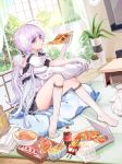  ahoge azur_lane blue_eyes bread cheese_trail coke_bottle eating food french_fries gloves highres illustrious_(azur_lane) interior kneehighs lavender_hair low_twintails pizza sitting twintails white_legwear wu_se_bu_hui_(940164887) 