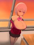  1girl arms_behind_back breasts cardigan commentary_request desk highres huge_breasts looking_at_viewer pink_eyes pink_hair raised_eyebrows school_uniform shinjou_akane short_hair skirt smile solo ssss.gridman standing window yamatukisirusi 