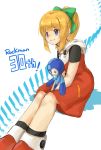  1girl absurdres android bangs blonde_hair blue_eyes blunt_bangs character_doll copyright_name doll dress green_ribbon highres holding holding_doll long_hair ponytail red_footwear ribbon rockman rockman_(character) rockman_(classic) rockman_11 roll shino_hiro22 sidelocks simple_background sitting smile 
