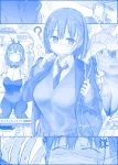  1boy 1girl ? ai-chan_(tawawa) anger_vein bag blue breasts bunnysuit cellphone check_commentary cleavage closed_eyes collar_tug comic commentary commentary_request cosplay eyebrows_visible_through_hair faceless faceless_male flush flying_sweatdrops getsuyoubi_no_tawawa himura_kiseki imagining large_breasts monochrome necktie pantyhose phone school_uniform short_hair shoulder_bag sick silent_comic surgical_mask sweater_vest translation_request v 