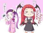  &gt;_&lt; 2girls =3 alternate_hairstyle bangs black_dress black_wings blunt_bangs bow capelet chibi collared_shirt commentary_request crescent crescent_hair_ornament demon_wings dress forehead hair_bow hair_ornament head_wings headband index_finger_raised koakuma long_hair long_sleeves multiple_girls mumyuu patchouli_knowledge ponytail purple_capelet purple_dress purple_hair purple_headband red_bow redhead shirt short_dress striped striped_dress sweatdrop tears touhou white_shirt wing_collar wings 