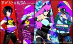  4girls absurdres alternate_costume alternate_hairstyle animal_ears bandanna baseball_cap blake_belladonna cat_ears cosplay fox_tail gangster glowing hat highres hoo-rwby idol k/da_(league_of_legends) k/da_ahri k/da_akali k/da_evelynn k/da_kai&#039;sa league_of_legends looking_back multiple_girls neon_lights ruby_(vocaloid) rwby siblings sisters sunglasses tail weiss_schnee yang_xiao_long 