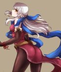  1girl ass belt black_gloves black_legwear bow breasts cowboy_shot dress elbow_gloves fire_emblem fire_emblem:_akatsuki_no_megami gloves hair_bow long_hair looking_at_viewer looking_back medium_breasts micaiah nintendo pantyhose profile red_dress scarf silver_hair simple_background sketch sleeveless sleeveless_dress solo tan_background yellow_eyes youzu 