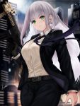  1girl assault_rifle bangs belt black_jacket black_pants blunt_bangs blurry blurry_background blush breasts buckle cityscape closed_mouth collared_shirt cowboy_shot earrings eyebrows_visible_through_hair facial_mark floating_hair girls_frontline gloves green_eyes gun heckler_&amp;_koch highres hk416 hk416_(girls_frontline) holding holding_gun holding_weapon jacket jewelry large_breasts long_hair looking_at_viewer necktie outdoors pants piukute062 rifle shirt sidelocks signature silver_hair solo teardrop very_long_hair weapon white_shirt wind wind_lift 