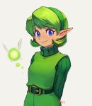  1girl arms_behind_back belt belt_buckle blue_eyes buckle closed_mouth eyebrows_visible_through_hair fairy green_belt green_hair green_hairband hairband long_sleeves looking_at_viewer nintendo ohil_(ohil822) pointy_ears saria short_hair simple_background smile solo the_legend_of_zelda the_legend_of_zelda:_ocarina_of_time turtleneck white_background 