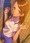  1girl brown_eyes brown_hair gym_shorts gym_uniform hair_ornament hairclip hands_up highres long_hair looking_at_viewer original pairan shorts solo standing 