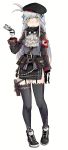  1girl alma01 alternate_costume belt beret commentary_request cravat girls_frontline gloves goggles goggles_around_neck green_eyes grey_hair hat highres hk416_(girls_frontline) holster iron_cross miniskirt pouch shoes skirt sneakers solo thigh-highs thigh_strap 
