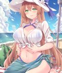  1girl beach bikini blue_bikini blush breasts brown_hair cleavage clouds commentary_request girls_frontline green_eyes hasu_(hk_works) hat large_breasts long_hair m1903_springfield_(girls_frontline) midriff navel sky smile solo sunlight swimsuit umbrella very_long_hair 