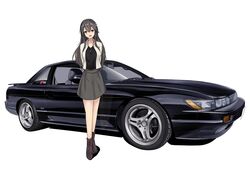  &gt;:d 1girl 3books absurdres alternate_costume anchor_necklace arms_behind_back black_hair black_shirt boots brown_eyes brown_footwear car full_body grey_skirt ground_vehicle hair_between_eyes hairband haruna_(kantai_collection) highres jacket kantai_collection long_hair looking_at_viewer motor_vehicle nissan nissan_s13_silvia shirt simple_background skirt solo white_background white_hairband white_jacket 