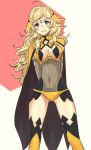  1girl ahoge arms_behind_back black_legwear blonde_hair blue_eyes breasts cape cleavage cleavage_cutout covered_navel cowboy_shot fire_emblem fire_emblem_if hair_ornament kiri_(tsuwano_010) leotard long_hair looking_at_viewer medium_breasts multicolored multicolored_clothes multicolored_legwear nintendo ophelia_(fire_emblem_if) pink_background skin_tight smile solo standing two-tone_background wavy_hair white_background yellow_legwear 