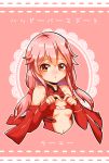  1girl bare_shoulders blush breasts catmeow405 center_opening cleavage detached_sleeves elbow_gloves fingerless_gloves gloves guilty_crown hair_ornament hairclip heart heart_hands highres long_hair looking_at_viewer medium_breasts open_mouth pink_hair red_eyes solo twintails yuzuriha_inori 