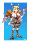  1girl bangs bird bird_on_finger bird_wings bracelet circlet earrings eyebrows_visible_through_hair feathered_wings feathers full_body highres jewelry long_hair ohil_(ohil822) original short_sleeves solo sparrow standing straight_hair talons wings 