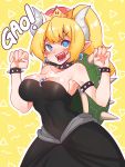  1girl bare_shoulders black_collar black_dress blonde_hair blue_eyes blush bowsette bracelet breasts cleavage collar covered_navel cowboy_shot crown dress earrings eyebrows_visible_through_hair fingernails hands_up highres hkoo horns jewelry large_breasts long_hair super_mario_bros. new_super_mario_bros._u_deluxe nintendo outline pointy_ears ponytail sharp_fingernails sharp_teeth solo spiked_armlet spiked_bracelet spiked_collar spiked_shell spikes strapless strapless_dress super_crown teeth turtle_shell yellow_background 