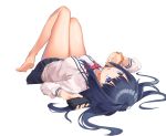  1girl absurdres barefoot black_hair blue_eyes breasts cardigan cellphone hfmt7223 highres holding holding_phone long_hair looking_at_viewer lying on_back phone pleated_skirt school_uniform scrunchie shirt skirt smartphone ssss.gridman tagme takarada_rikka thighs toes white_background 