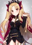  1girl blonde_hair blush breasts cape closed_mouth commentary_request crown diadem earrings ereshkigal_(fate/grand_order) eyebrows_visible_through_hair fate/grand_order fate_(series) hair_between_eyes hair_ornament hair_ribbon holding holding_weapon jewelry long_hair looking_at_viewer medium_breasts red_cape red_eyes ribbon shirako_miso skull solo tohsaka_rin twintails weapon 