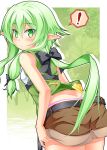  ! 1girl anni_minto bare_shoulders belt black_bow blush bow goblin_slayer! green_eyes green_hair hair_bow half-closed_eyes high_elf_archer_(goblin_slayer!) highres low_ponytail panties panty_peek pink_panties shorts sidelocks sleeveless solo thought_bubble underwear 
