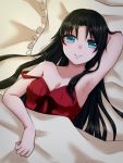  1girl bed black_hair blue_eyes cute fate/stay_night fate_(series) hisa_0506 lips long_hair looking_at_viewer lying pillow relaxing solo tohsaka_rin underwear 