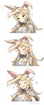  1girl 1other 3koma animal_ear_fluff animal_ears bangs blonde_hair blue_eyes blush bunny_girl cape collared_cape comic commentary_request doodle dragalia_lost eleonora_(dragalia_lost) gebyy-terar highres long_hair petting rabbit_ears sidelocks smile solo_focus upper_body very_long_hair white_cape 
