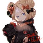  1girl abigail_williams_(fate/grand_order) bangs black_bow black_jacket blonde_hair blue_eyes blush bow commentary_request dated fate/grand_order fate_(series) food food_in_mouth hair_bow hair_bun head_tilt heroic_spirit_traveling_outfit jacket long_hair long_sleeves looking_at_viewer mouth_hold natsujiru orange_bow parted_bangs parted_lips pocky pocky_day polka_dot polka_dot_bow simple_background sleeves_past_fingers sleeves_past_wrists solo star upper_body upper_teeth white_background 