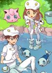  1boy 1girl aether_foundation_employee bending_forward boots brown_hair bucket creatures_(company) elbow_gloves game_freak gen_1_pokemon gen_7_pokemon gloves grass green_eyes jigglypuff long_hair looking_at_another nintendo pokemon pokemon_(anime) pokemon_(creature) pokemon_sm_(anime) rikovui river sitting uniform white_footwear white_gloves wishiwashi 