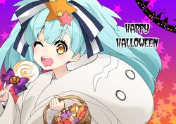  1girl ;d absurdres basket blonde_hair blue_hair candy eyebrows_visible_through_hair food hair_ornament hair_ribbon halloween halloween_costume highres holding holding_basket holding_lollipop hoshikawa_lily jack-o&#039;-lantern long_hair one_eye_closed open_mouth ribbon smile solo soramichi_megumu star star_hair_ornament zombie_land_saga 