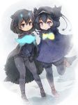  2girls bird_tail bird_wings black_hair blue_eyes blue_hair blush bow cape commentary_request dark_blue_hair eyebrows_visible_through_hair fur_collar gloves greater_lophorina_(kemono_friends) head_wings highres kemono_friends kolshica leggings long_sleeves multiple_girls pantyhose puffy_shorts shoe_bow shoes short_hair shorts smile standing standing_on_one_leg sweater western_parotia_(kemono_friends) wings 