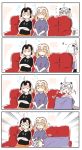  /\/\/\ 4koma ahoge ahoge_wag bangs black_shirt blanket blue_shirt blush comic commentary_request couch crossed_arms eighth_note expressive_hair fate/grand_order fate_(series) headpiece highres jeanne_d&#039;arc_(alter)_(fate) jeanne_d&#039;arc_(fate) jeanne_d&#039;arc_(fate)_(all) jeanne_d&#039;arc_alter_santa_lily lap_pillow long_hair multiple_persona musical_note nose_bubble open_mouth pink_shirt ranf shirt silent_comic silver_hair sleeping sleeping_on_person sleeping_upright yellow_eyes 