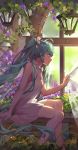  1girl bangs blurry blurry_background blush bow curtain_grab curtains depth_of_field dress flower green_eyes green_hair hair_bow hatsune_miku holding indoors lantern long_hair parted_lips purple_flower sitting sleeveless sleeveless_dress solo timmy_(tztime) transparent twintails very_long_hair vocaloid white_bow white_dress window yellow_flower 