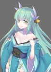 1girl bangs blue_kimono breasts cleavage collarbone cowboy_shot fate/grand_order fate_(series) floating_hair goemon1110 green_eyes green_hair grey_background hair_between_eyes hair_ornament japanese_clothes kimono kiyohime_(fate/grand_order) long_hair long_sleeves obi off_shoulder open_clothes open_kimono parted_lips sash shiny shiny_hair simple_background small_breasts solo standing thigh-highs very_long_hair white_legwear white_sleeves 