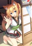  1girl :d \||/ ahoge animal_ear_fluff animal_ears bangs bare_arms barefoot bell bell_choker black_skirt blonde_hair blue_eyes blurry blurry_foreground blush breasts choker commentary_request day depth_of_field eyebrows_visible_through_hair fox_ears fox_tail frills hair_between_eyes hair_ornament hair_ribbon hairclip head_tilt indoors japanese_clothes jingle_bell kimono kneeling leaf long_hair looking_at_viewer medium_breasts miniskirt nagisa3710 obi open_mouth original red_ribbon ribbon sash shouji skirt sliding_doors smile solo tail tatami toes two_side_up waving wind_chime 