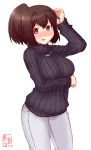  1girl alternate_costume artist_logo black_sweater blush breast_hold breasts brown_eyes brown_hair dated eyebrows_visible_through_hair hair_between_eyes hand_to_head highres ise_(kantai_collection) jewelry kanon_(kurogane_knights) kantai_collection large_breasts long_sleeves looking_at_viewer necklace open_mouth pants ponytail ribbed_sweater short_hair signature simple_background solo sweatdrop sweater turtleneck turtleneck_sweater white_background white_pants 
