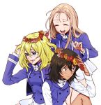  3girls :d andou_(girls_und_panzer) bangs bc_freedom_military_uniform black_hair blonde_hair blue_eyes blue_jacket blue_vest blush brown_eyes closed_mouth commentary_request dark_skin dress_shirt facing_another girls_und_panzer hand_in_hair hand_on_headwear head_wreath high_collar jacket light_frown long_hair long_sleeves marie_(girls_und_panzer) medium_hair messy_hair military military_uniform miniskirt multiple_girls no_jacket open_mouth oshida_(girls_und_panzer) pleated_skirt shirt shutou_mq simple_background sitting skirt smile standing uniform vest white_background white_shirt white_skirt 