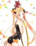  abigail_williams_(fate/grand_order) artist_request ass bandaid_on_forehead bangs black_bow black_hat black_leotard blonde_hair blue_eyes blush bow closed_mouth crossed_bandaids fate/grand_order fate_(series) forehead hair_bow hat highres hips hoop hula_hoop leotard long_hair orange_bow parted_bangs star stuffed_animal stuffed_toy teddy_bear twintails very_long_hair white_background 